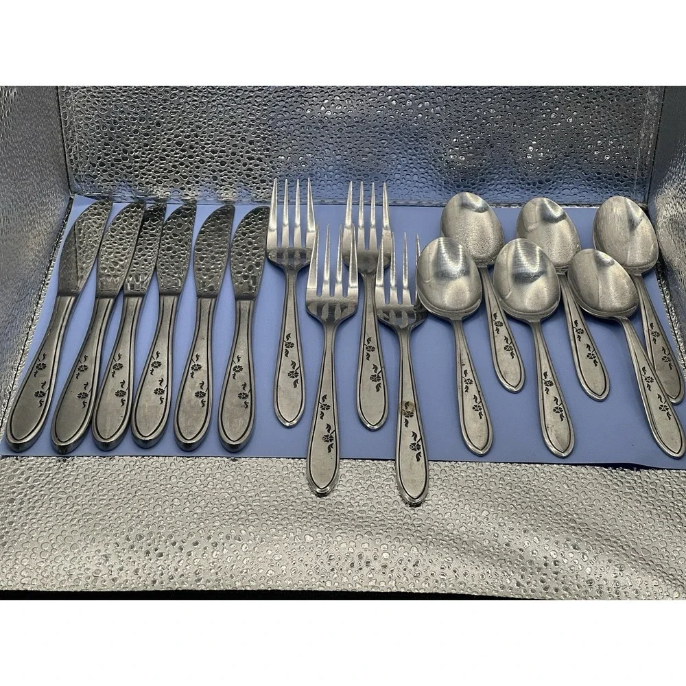 Vintage Imperial Stainless Steel Flatware Flower Dance Korea Lot of 16